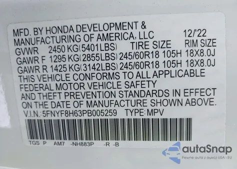 2023 Honda Passport Awd Trailsport из США, поврежденный, VIN 5FNYF8H63PB005259